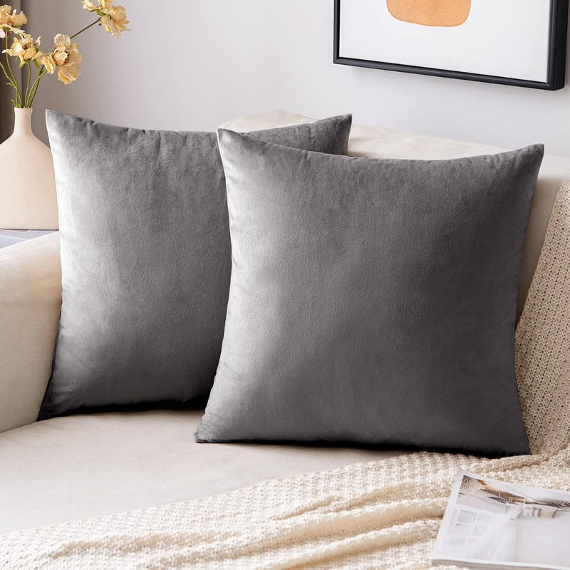 EMEMA Velvet Cushion Cover 50 x 50 cm, Decorative Cushion Cover, Grey, Sofa Cushion, Lumbar Cushion, Throw Cushion Cover with Hidden Zip, Bedroom, Sofa, Set of 2 - Image 1