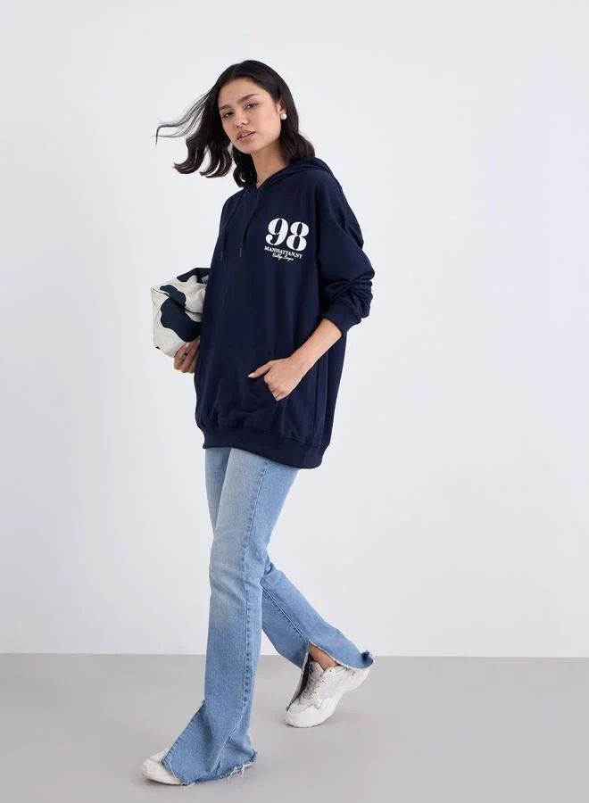 Styli Styli Navy Blue Oversized Graphic Print Hoodie