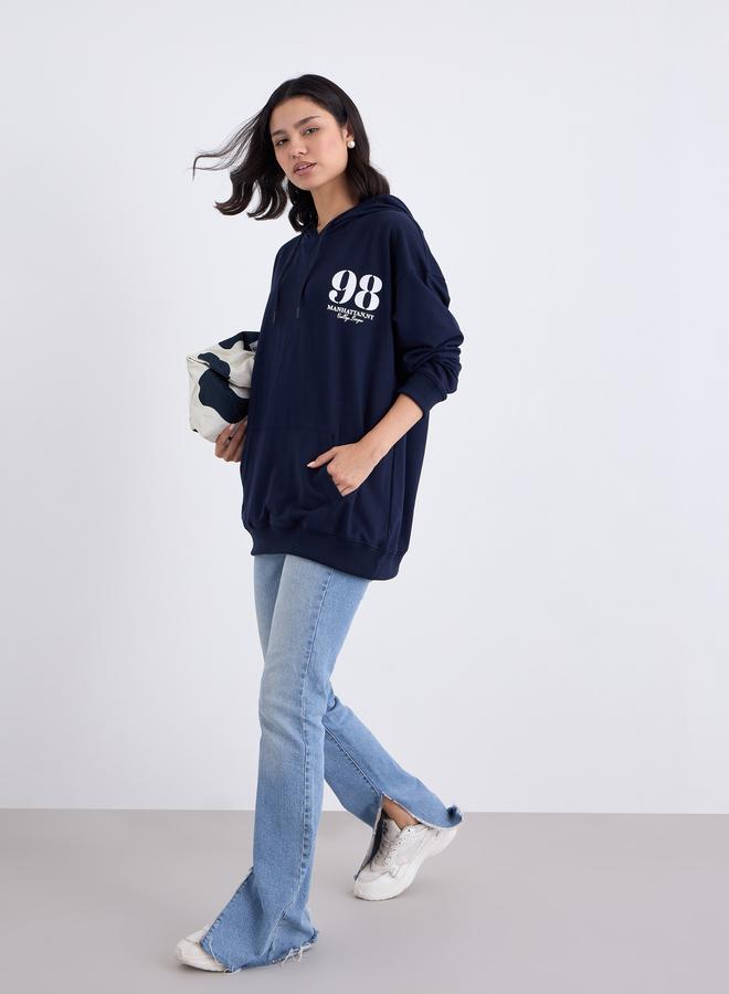 Styli Navy Blue Oversized Graphic Print Hoodie - Image 2