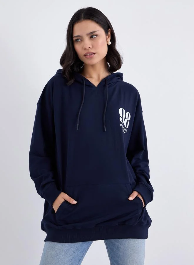 Styli Navy Blue Oversized Graphic Print Hoodie