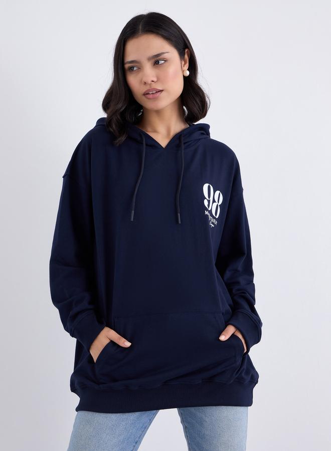 Styli Navy Blue Oversized Graphic Print Hoodie - Image 1