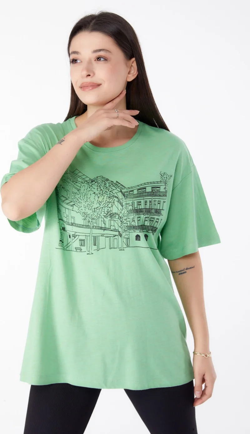 Tofisa Plain Crew Neck Women's Green Printed Short Sleeve T-Shirt - 25389
