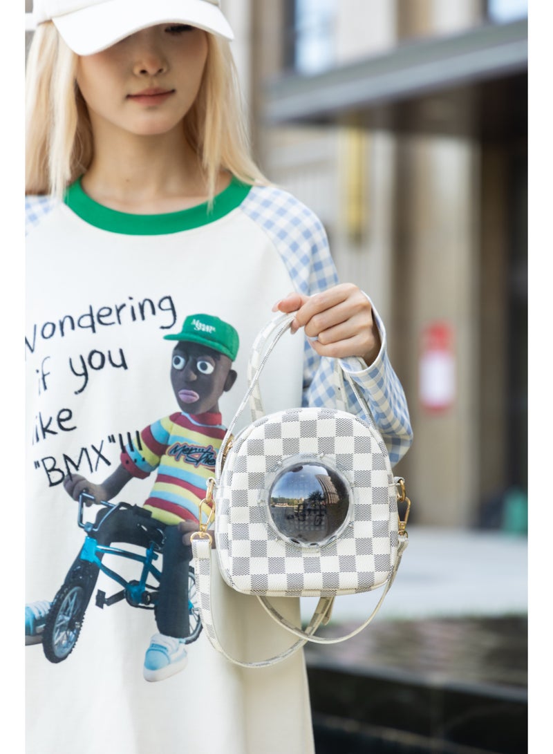 McmhyingPop Hamster Pet Carrier Bag, PU Space Capsule Bubble Window Portable Outgoing Travel Pet Handbags for Small Animal Guinea Pig Bird, White - Image 3