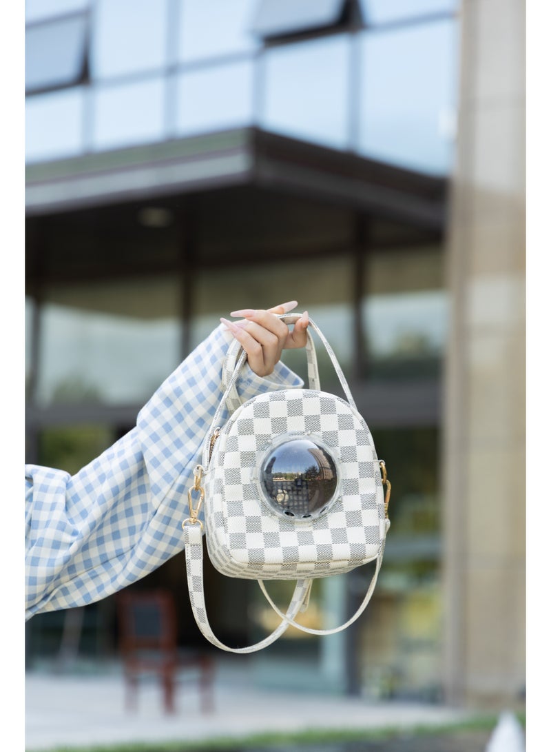 McmhyingPop Hamster Pet Carrier Bag, PU Space Capsule Bubble Window Portable Outgoing Travel Pet Handbags for Small Animal Guinea Pig Bird, White - Image 2