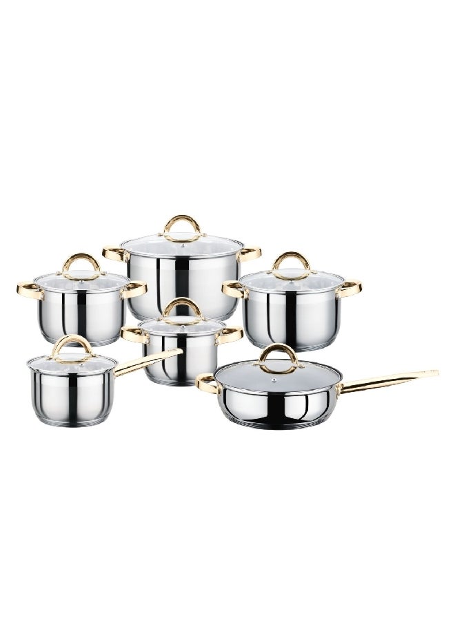 12-Piece Durable Non-Stick Cookware Set with Glass Lid Silver and Rose Gold 23.5 x 27.5 x 53.5 cm PF-CU