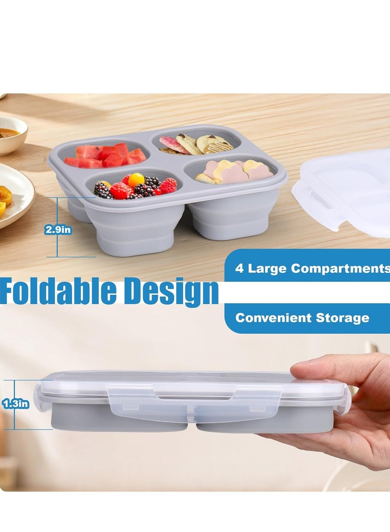 حاوية وجبات خفيفة قابلة للطي وإعادة الاستخدام مع غطاء - حاوية وجبات خفيفة من السيليكون بأربعة أقسام مقاومة للتسرب للتخزين أثناء السفر، المكتب، النزهة - Image 3