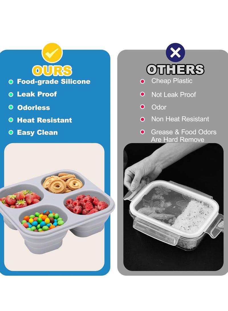 حاوية وجبات خفيفة قابلة للطي وإعادة الاستخدام مع غطاء - حاوية وجبات خفيفة من السيليكون بأربعة أقسام مقاومة للتسرب للتخزين أثناء السفر، المكتب، النزهة - Image 4