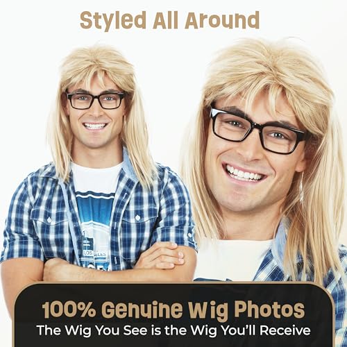 ALLAURA Compatible with Garth Wig – Blonde Mullet Wig + Black Glasses for Men – 80s 90s Rocker, Punk, Heavy Metal Costume – Funny Halloween Couples Outfit, Party Cosplay, Garth & Wayne Duo Look - Image 4