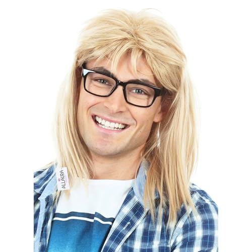 ALLAURA Compatible with Garth Wig – Blonde Mullet Wig + Black Glasses for Men – 80s 90s Rocker, Punk, Heavy Metal Costume – Funny Halloween Couples Outfit, Party Cosplay, Garth & Wayne Duo Look - Image 1