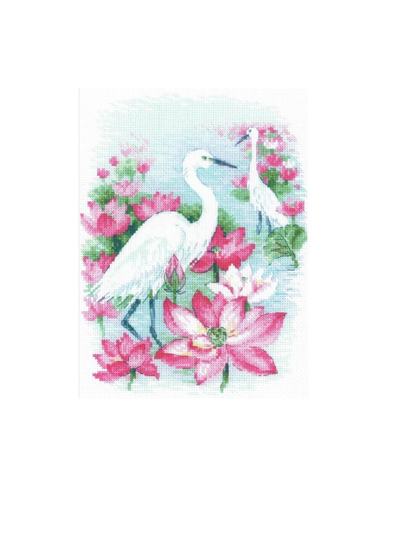 Cross Stitch Kit 7 inch x 9.5 inch Lotus Field Herons - Image 1