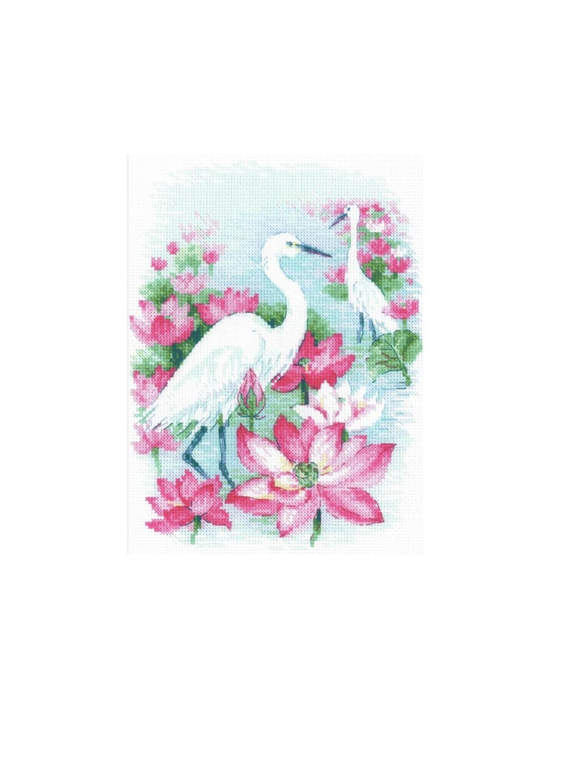 Cross Stitch Kit 7 inch x 9.5 inch Lotus Field Herons - Image 2
