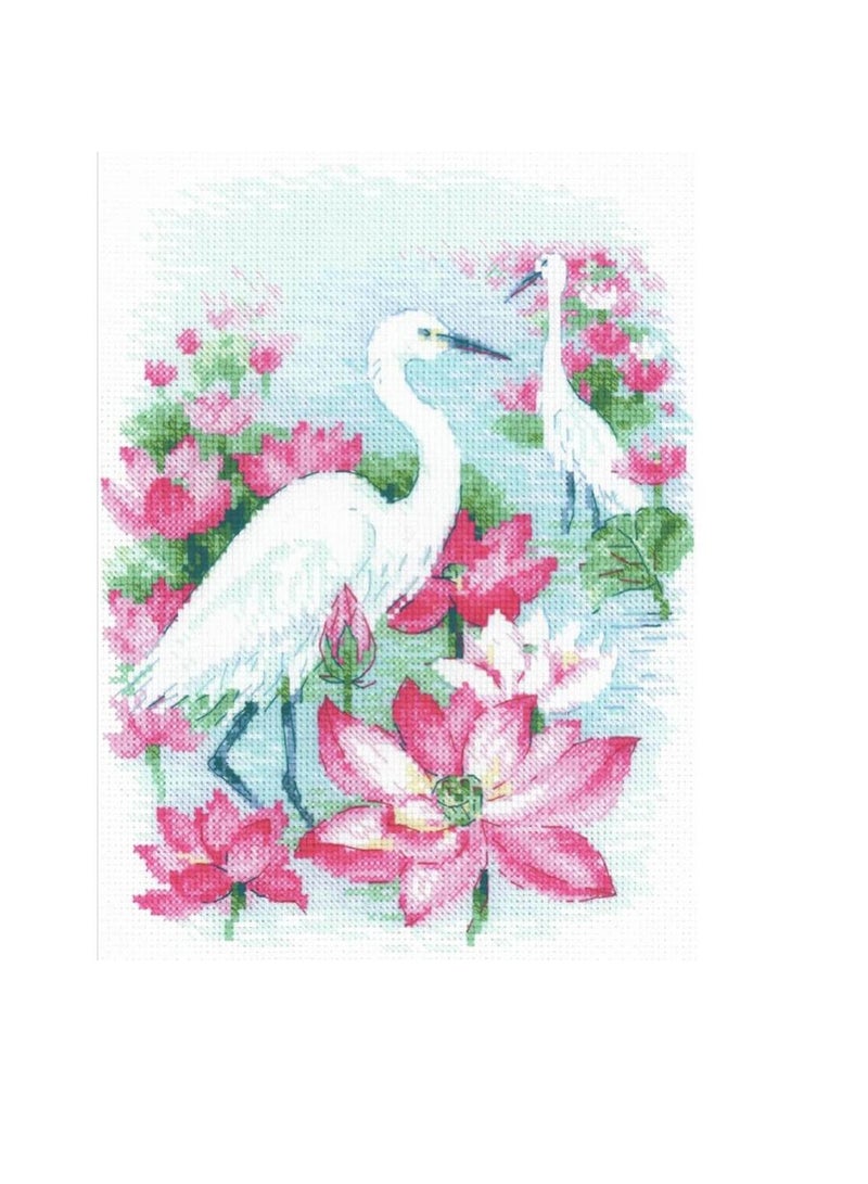 Cross Stitch Kit 7 inch x 9.5 inch Lotus Field Herons - Image 3
