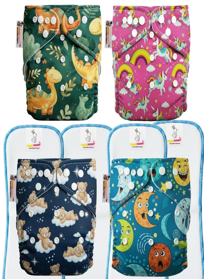 TOKOMAMY Reusable Cloth Diaper for Newborn Babies 0-3 Years (5-18kg) | Leakproof Washable Adjustable Pocket Cover Liner with 5-Layer Insert Pad | Rash-Free, (Pack of 4 Diaper + 4 Insert Pad) Free Size - Image 1