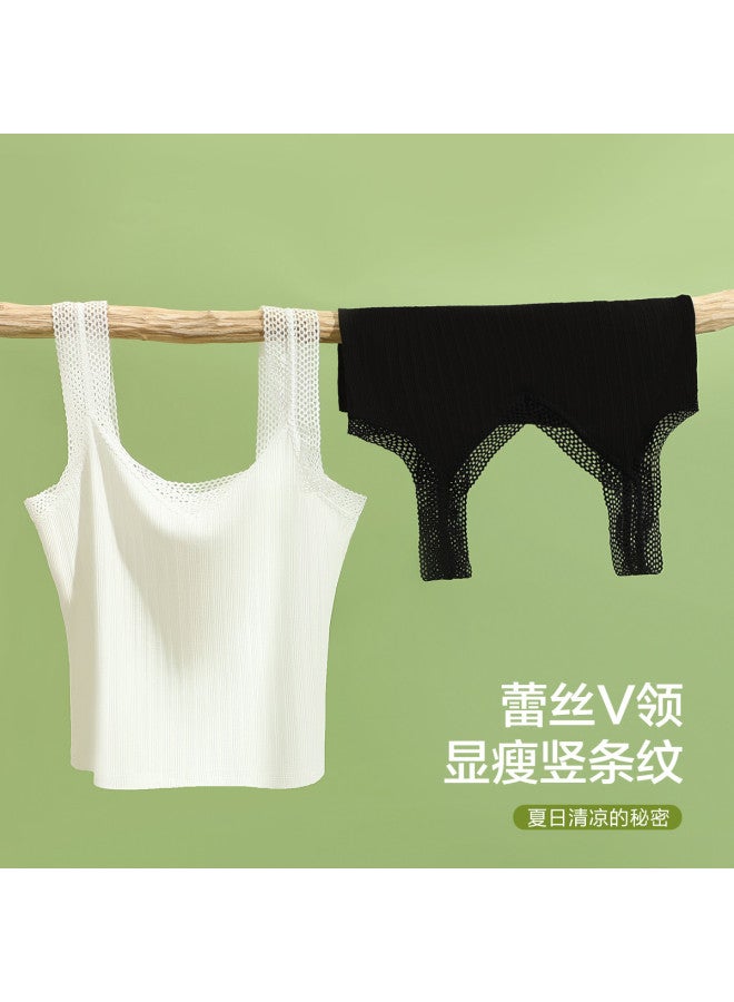 Red Bean Japanese Vertical Striped Vest Women'S Short Crop Lace Camisole Tank Top - Image 4