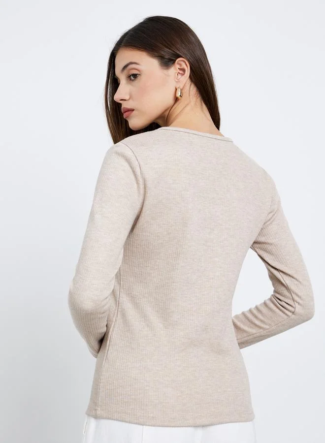 Styli Styli Cream Flat Knit Top with Long Sleeves