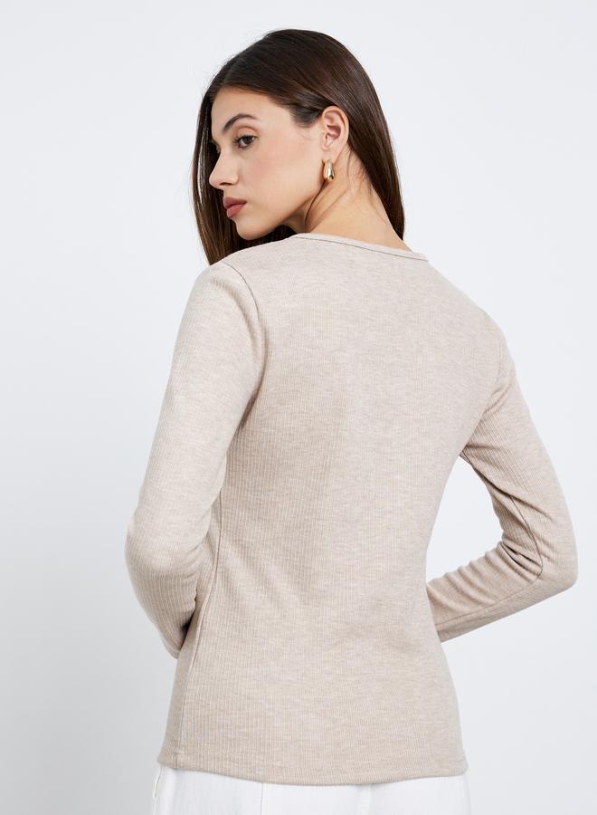 Styli Cream Flat Knit Top with Long Sleeves - Image 5