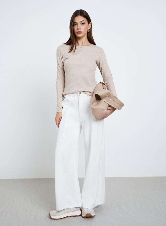 Styli Cream Flat Knit Top with Long Sleeves - Image 2