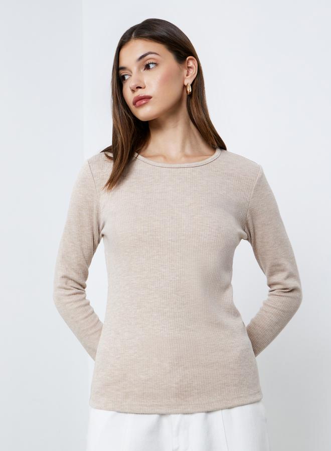 Styli Cream Flat Knit Top with Long Sleeves - Image 3