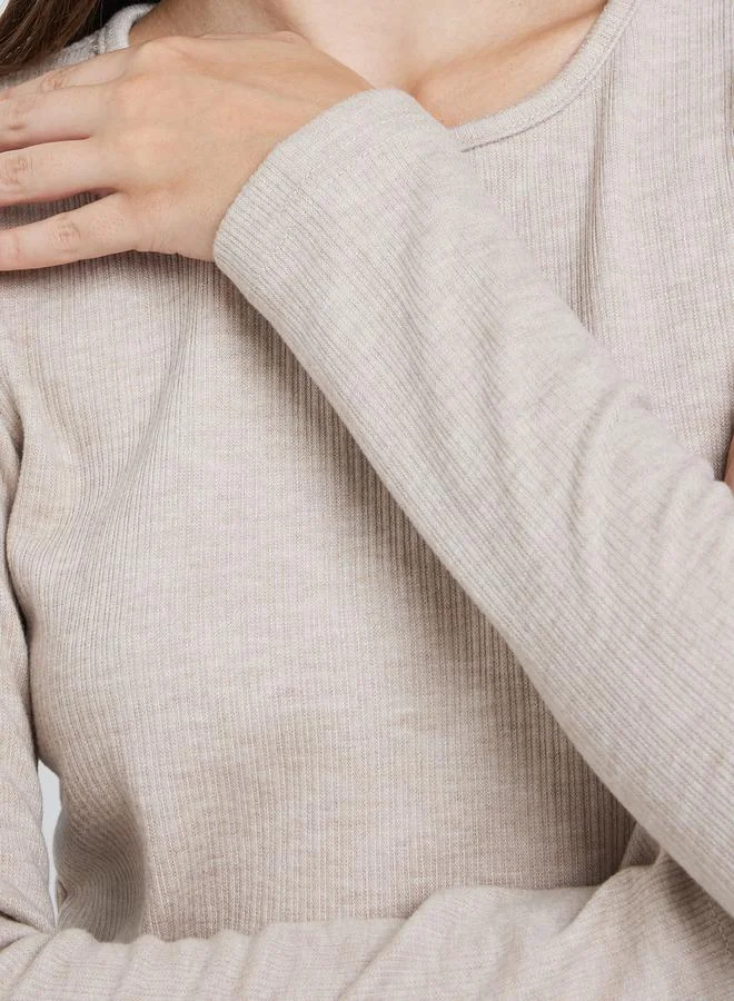 Styli Styli Cream Flat Knit Top with Long Sleeves