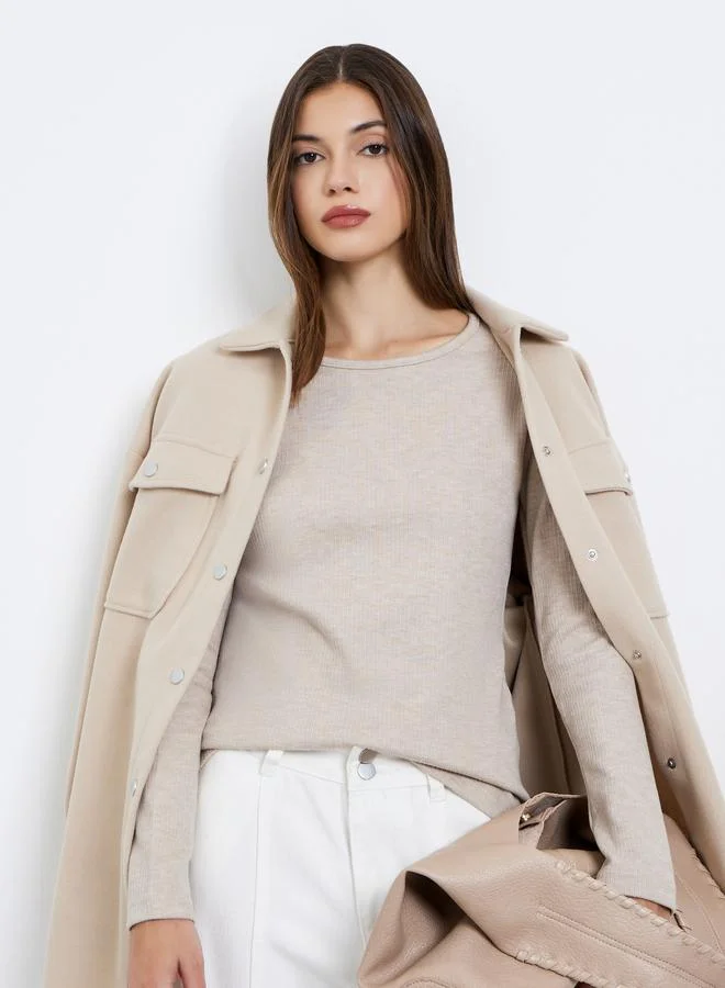Styli Styli Cream Flat Knit Top with Long Sleeves