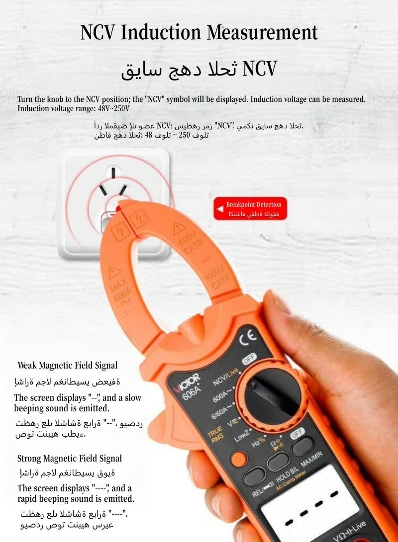 Victor VC606A+ True RMS Digital Clamp Meter, High Precision AC Current Tester with AC/DC Voltage, Resistance, Capacitance, Frequency and Temperature Measurement, NCV, Data Hold and Backlight - Image 5