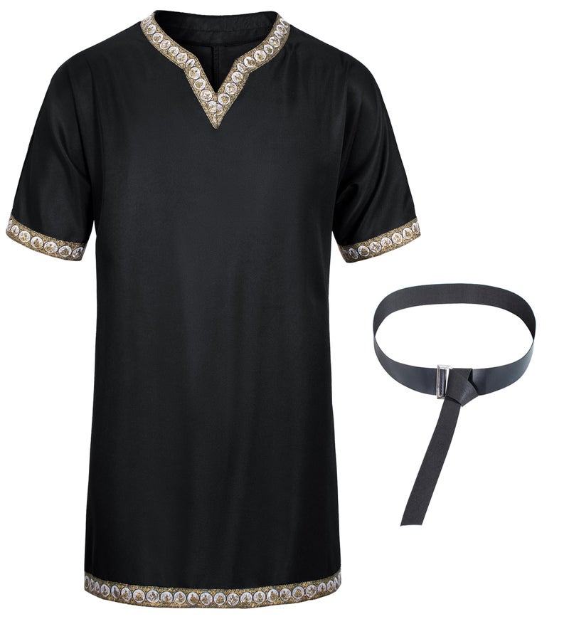 TOGROP Mens Medieval Costume Viking Pirate Tunic Knight Warrior Renaissance Shirts with Belt Black M - Image 4
