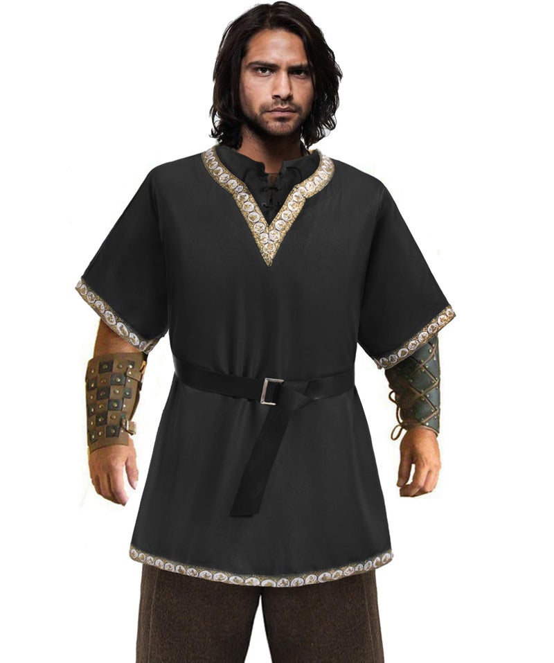 TOGROP Mens Medieval Costume Viking Pirate Tunic Knight Warrior Renaissance Shirts with Belt Black M - Image 2