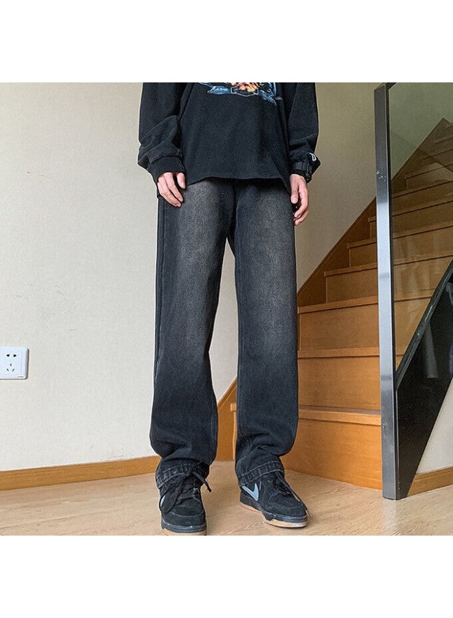 Swamp Area Vintage Washed Distressed Men's Straight-leg Jeans, Casual Trousers For Autumn And Winter, K8374 Black 2XL - Image 4