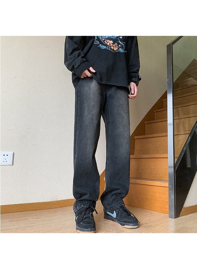 Swamp Area Vintage Washed Distressed Men's Straight-leg Jeans, Casual Trousers For Autumn And Winter, K8374 Black 2XL - Image 2