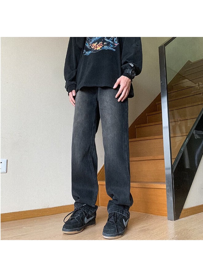 Swamp Area Vintage Washed Distressed Men's Straight-leg Jeans, Casual Trousers For Autumn And Winter, K8374 Black 2XL - Image 1