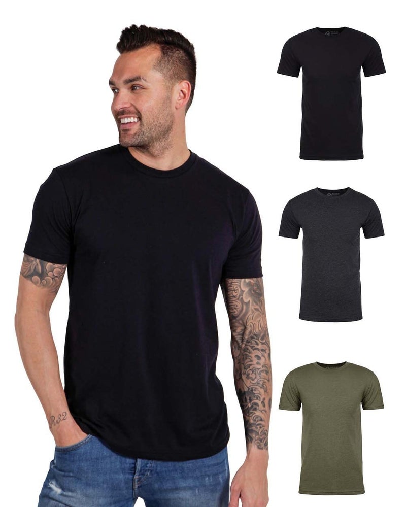 INTO THE AM Men's Plain Basic Tees 3 Pack Multipack - Fitted Essential Crewneck Blank Gym Classic Casual True Fit Fashion Undershirts for Guys (Black/Charcoal/Olive Green, Large) - Image 1