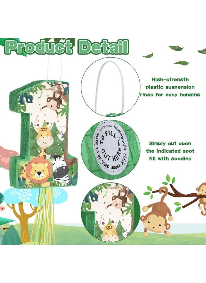 Hungdao - Wild One Pinata Number 1 Pull String Mini Pinata With Blindfold Bat Confetti Wild One 1St Birthday Party Decorations Safari Jungle Party Supplies 14.2 X 12.8 X 3.2 Inch - Image 1