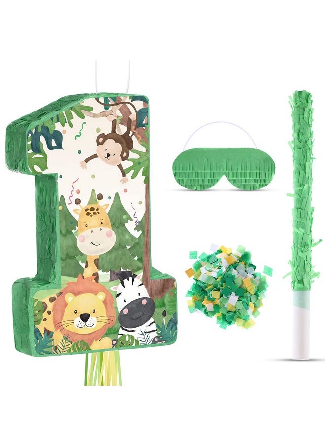 Hungdao - Wild One Pinata Number 1 Pull String Mini Pinata With Blindfold Bat Confetti Wild One 1St Birthday Party Decorations Safari Jungle Party Supplies 14.2 X 12.8 X 3.2 Inch - Image 1