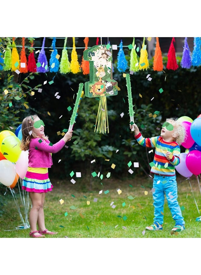 Hungdao - Wild One Pinata Number 1 Pull String Mini Pinata With Blindfold Bat Confetti Wild One 1St Birthday Party Decorations Safari Jungle Party Supplies 14.2 X 12.8 X 3.2 Inch - Image 1