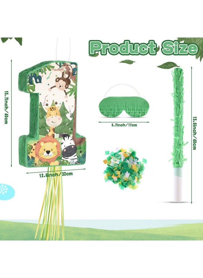 Hungdao - Wild One Pinata Number 1 Pull String Mini Pinata With Blindfold Bat Confetti Wild One 1St Birthday Party Decorations Safari Jungle Party Supplies 14.2 X 12.8 X 3.2 Inch - Image 1