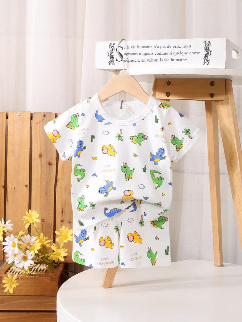 Children'S Short-Sleeved Shorts Cotton Suit Boys Summer Two-Piece Girls' Full Flower Short-Sleeved Baby Thin Children'S Wear Batch - Image 3