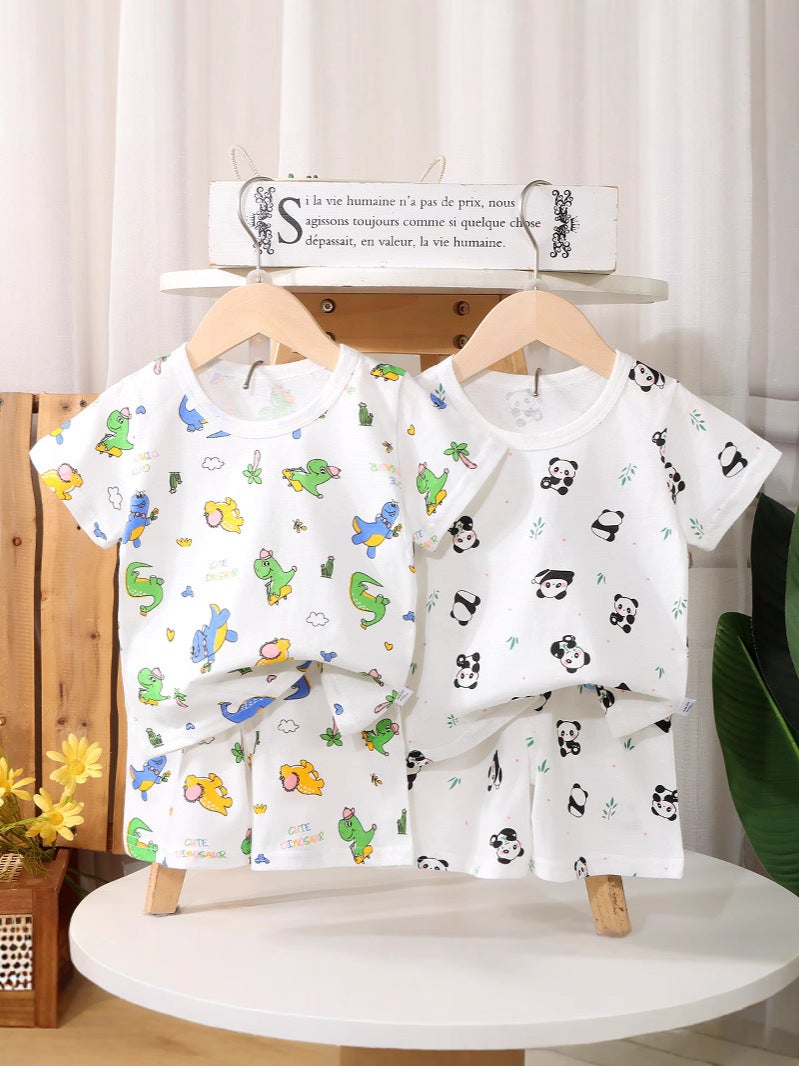 Children'S Short-Sleeved Shorts Cotton Suit Boys Summer Two-Piece Girls' Full Flower Short-Sleeved Baby Thin Children'S Wear Batch - Image 2