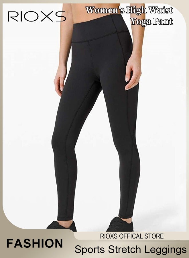 Women's High Waist Leggings,Solid Stretch Yoga Pants,Tummy Control Fitness Legging With Pockets,Skinny Leggings,Slim Fit Sports Sweatpants For Fitness Workout Gym Running