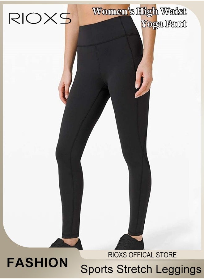 RIOXS - Women's High Waist Leggings,Solid Stretch Yoga Pants,Tummy Control Fitness Legging With Pockets,Skinny Leggings,Slim Fit Sports Sweatpants For Fitness Workout Gym Running - Image 1
