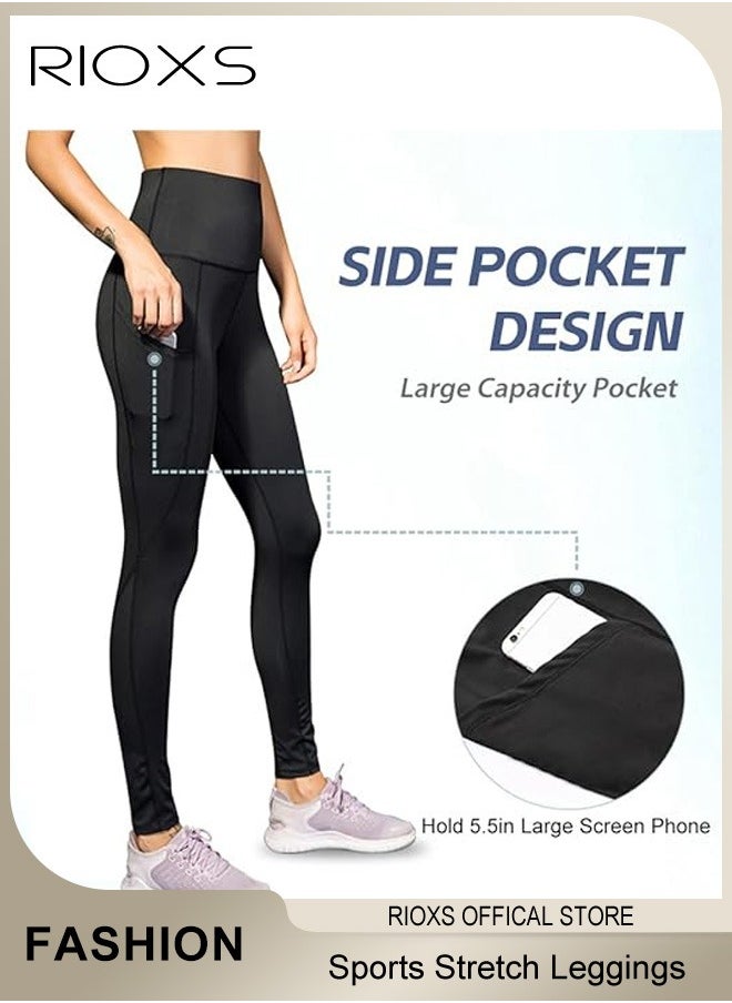 RIOXS - Women's High Waist Leggings,Solid Stretch Yoga Pants,Tummy Control Fitness Legging With Pockets,Skinny Leggings,Slim Fit Sports Sweatpants For Fitness Workout Gym Running - Image 1
