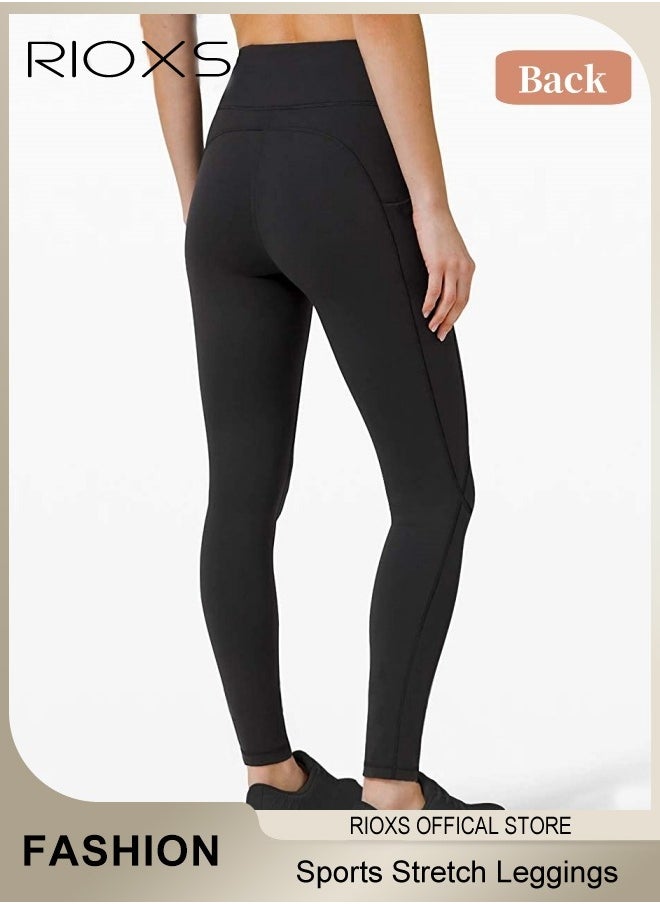 RIOXS - Women's High Waist Leggings,Solid Stretch Yoga Pants,Tummy Control Fitness Legging With Pockets,Skinny Leggings,Slim Fit Sports Sweatpants For Fitness Workout Gym Running - Image 1