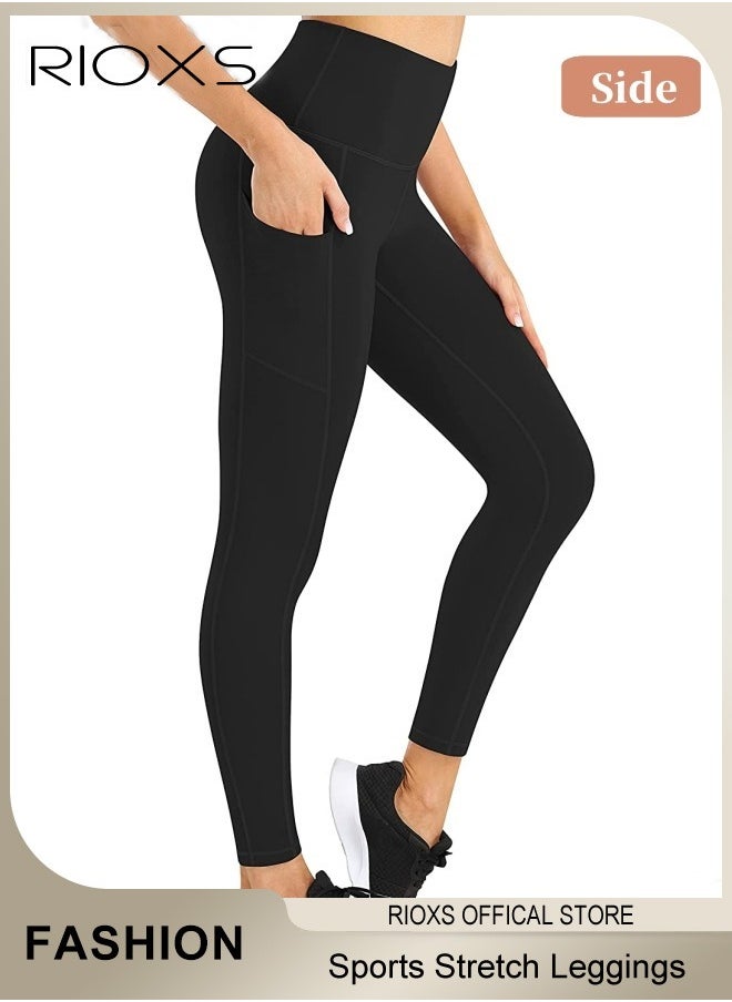RIOXS - Women's High Waist Leggings,Solid Stretch Yoga Pants,Tummy Control Fitness Legging With Pockets,Skinny Leggings,Slim Fit Sports Sweatpants For Fitness Workout Gym Running - Image 1