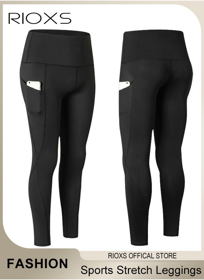 RIOXS - Women's High Waist Leggings,Solid Stretch Yoga Pants,Tummy Control Fitness Legging With Pockets,Skinny Leggings,Slim Fit Sports Sweatpants For Fitness Workout Gym Running - Image 1