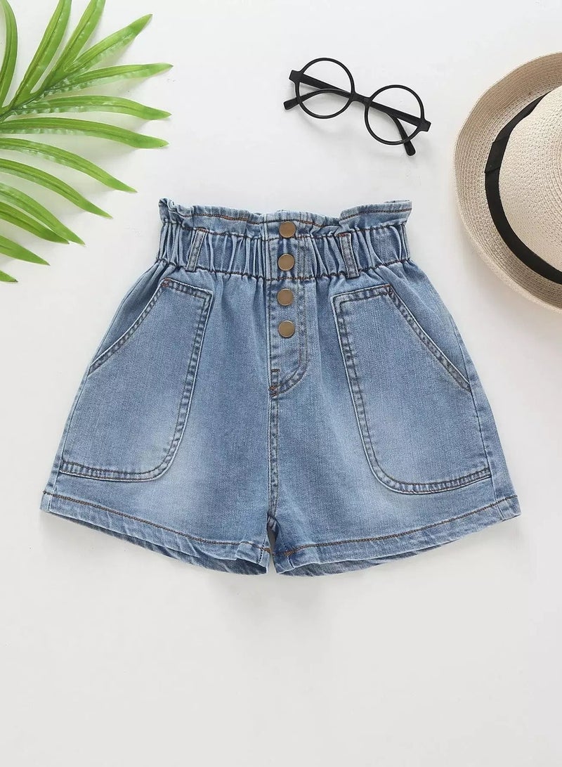 Toddler Girls Paper Bag Waist Slant Pocket Denim Shorts - Image 1
