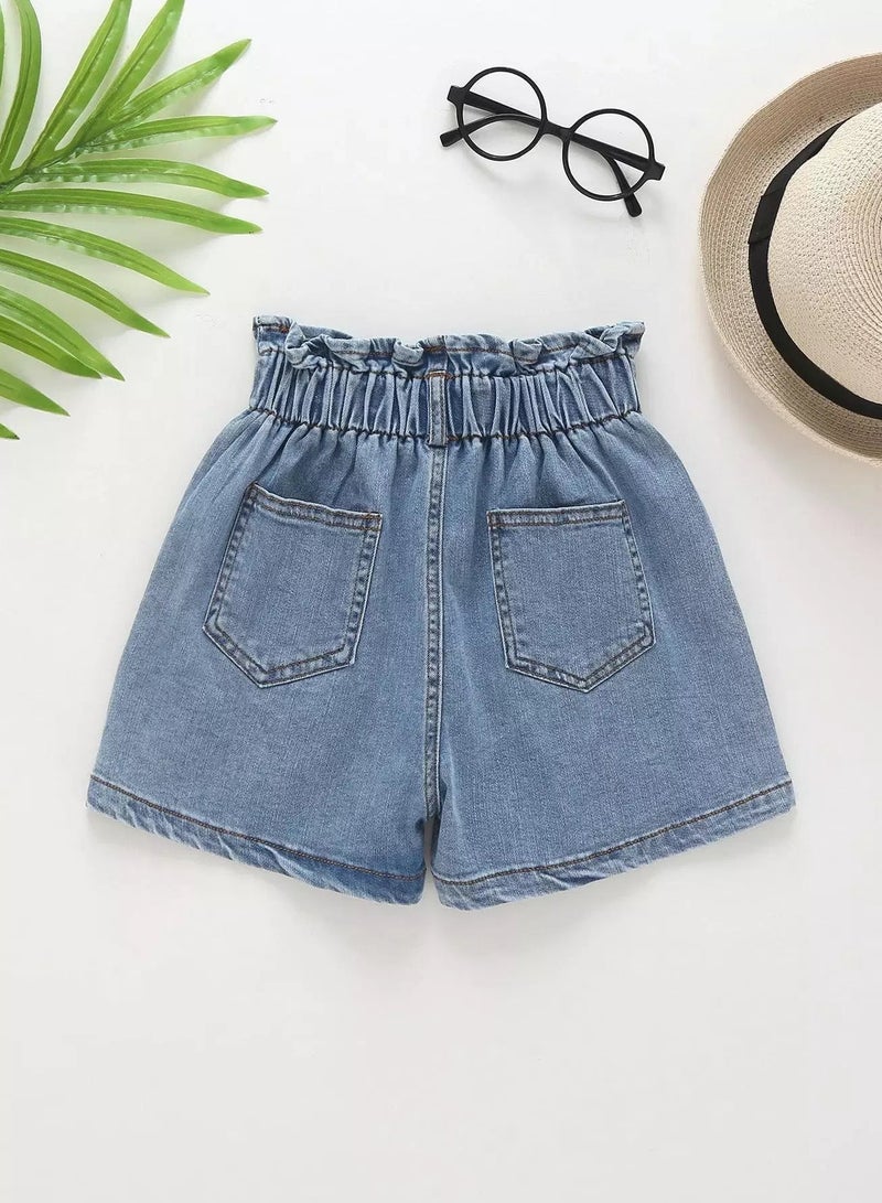 Toddler Girls Paper Bag Waist Slant Pocket Denim Shorts - Image 2