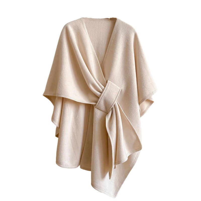Beige Womens Oversized Faux Wool Shawl Wrap Cozy Plush Wearable Blanket 160x110cm - Image 2