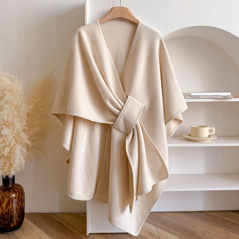 Beige Womens Oversized Faux Wool Shawl Wrap Cozy Plush Wearable Blanket 160x110cm - Image 4