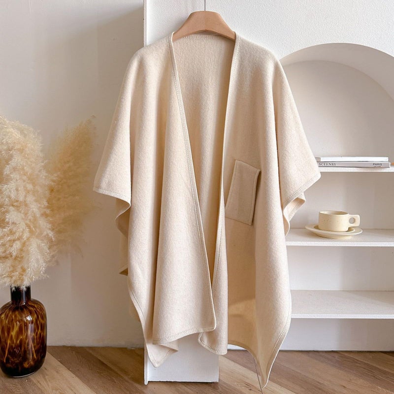 Beige Womens Oversized Faux Wool Shawl Wrap Cozy Plush Wearable Blanket 160x110cm - Image 5