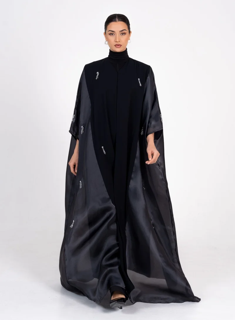 Rosette Abaya Royal Black Bisht with hand Embroidery