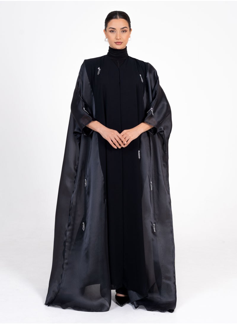 Rosette Abaya Royal Black Bisht with hand Embroidery  - Image 5